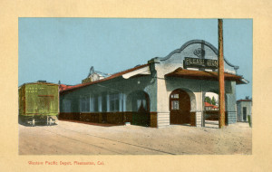 Western Pacific Depot, Pleasanton, California, old postcard.                  